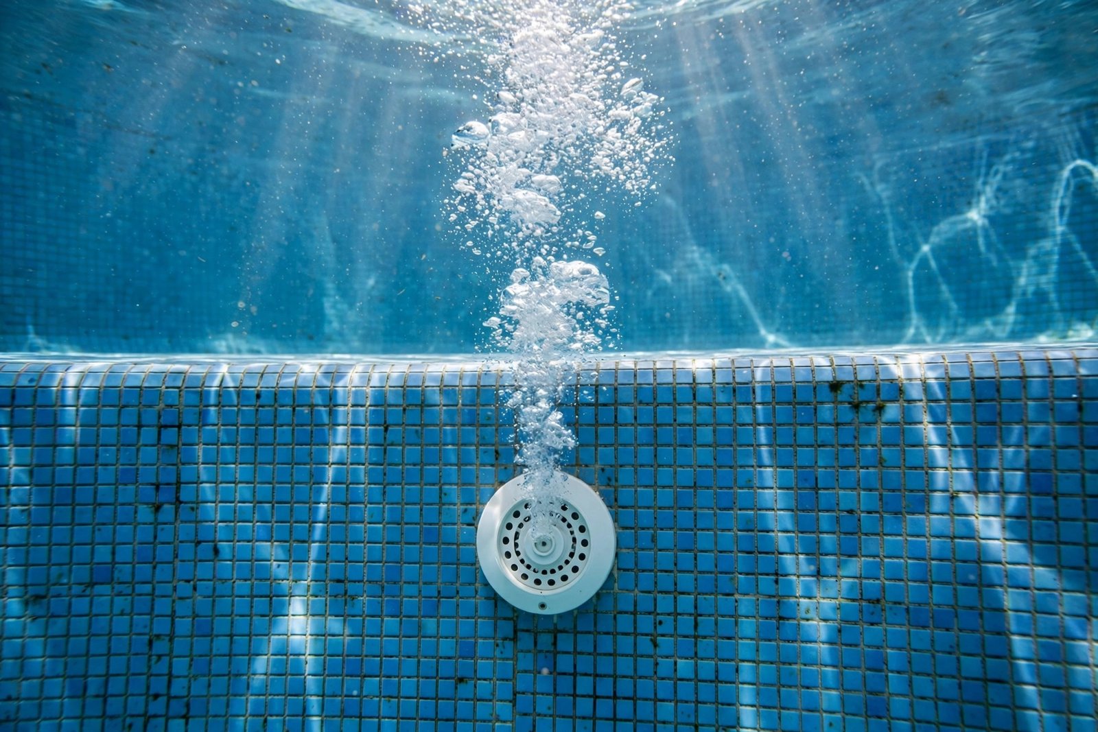 Air bubbles streaming from a pool jet before repair in Cathedral City