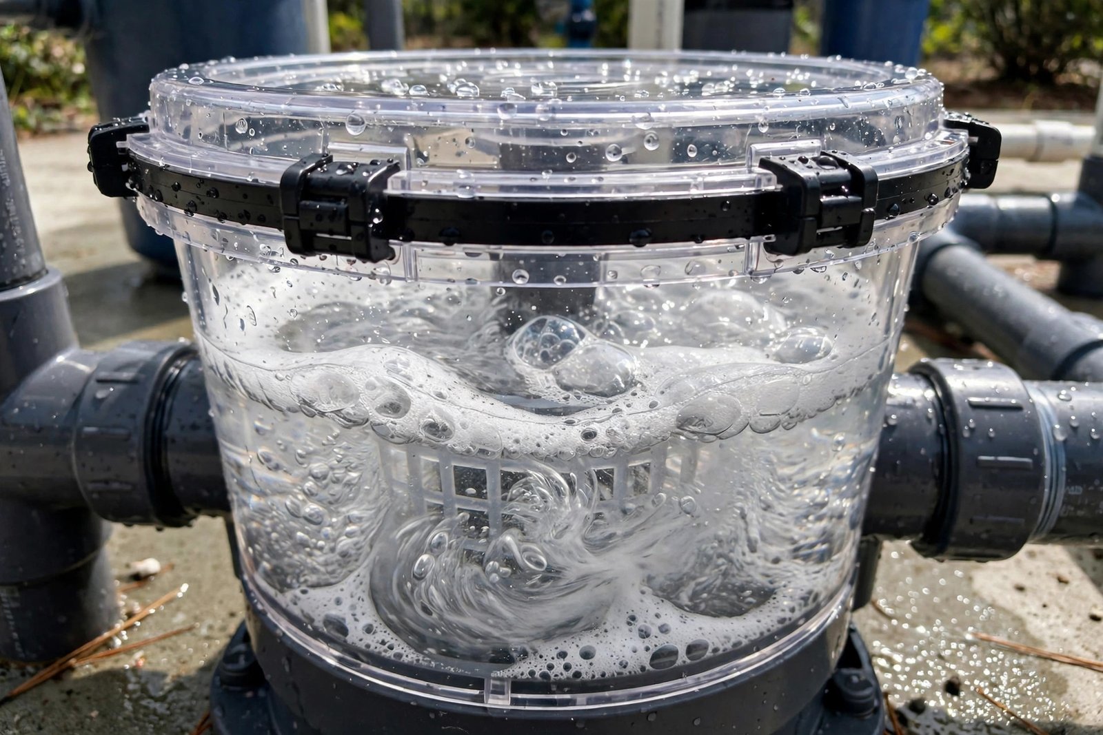 Air bubbles under a pool pump lid in Cathedral City Cove