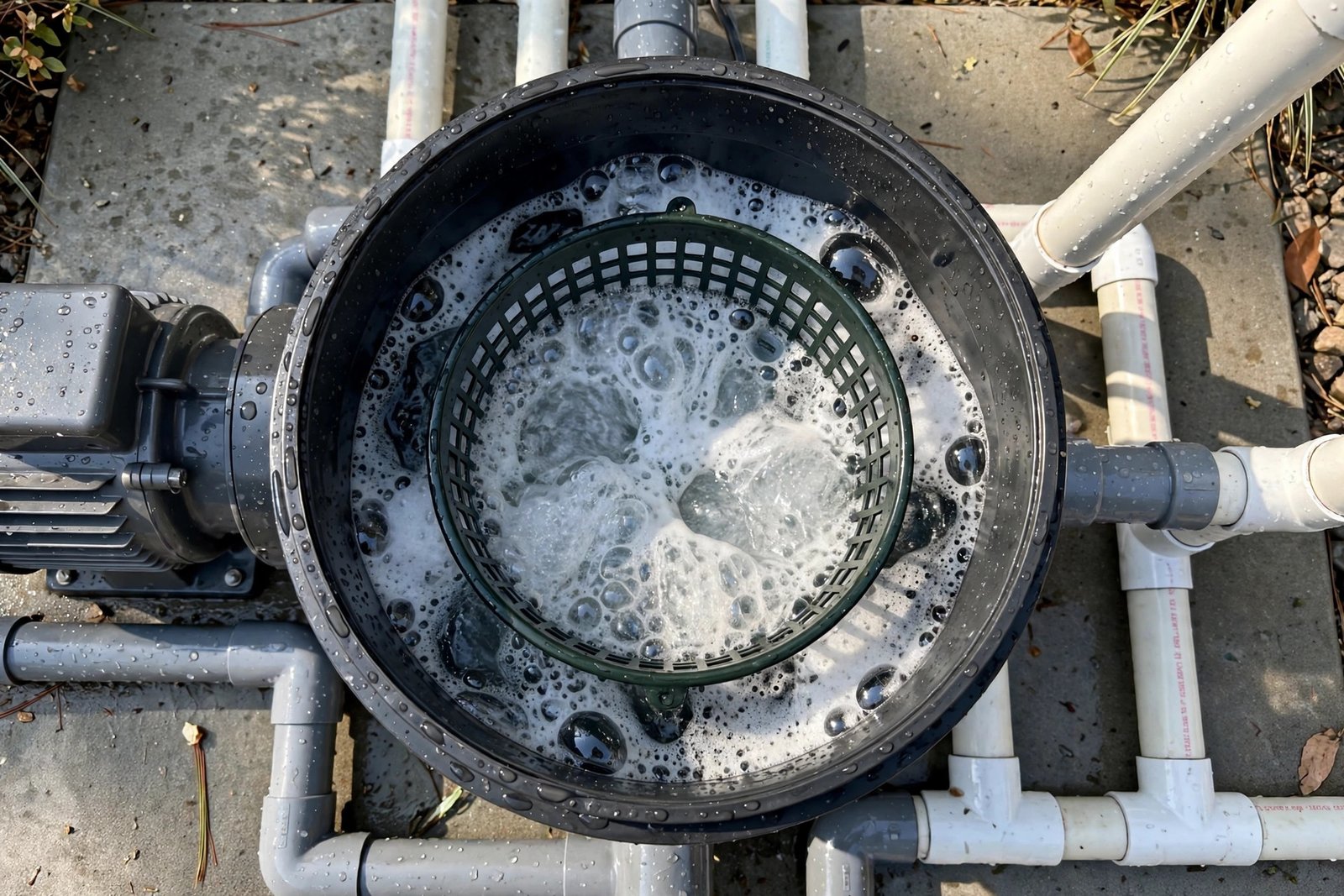Foamy air bubbles inside an open pool pump basket in Date Palm Country Club