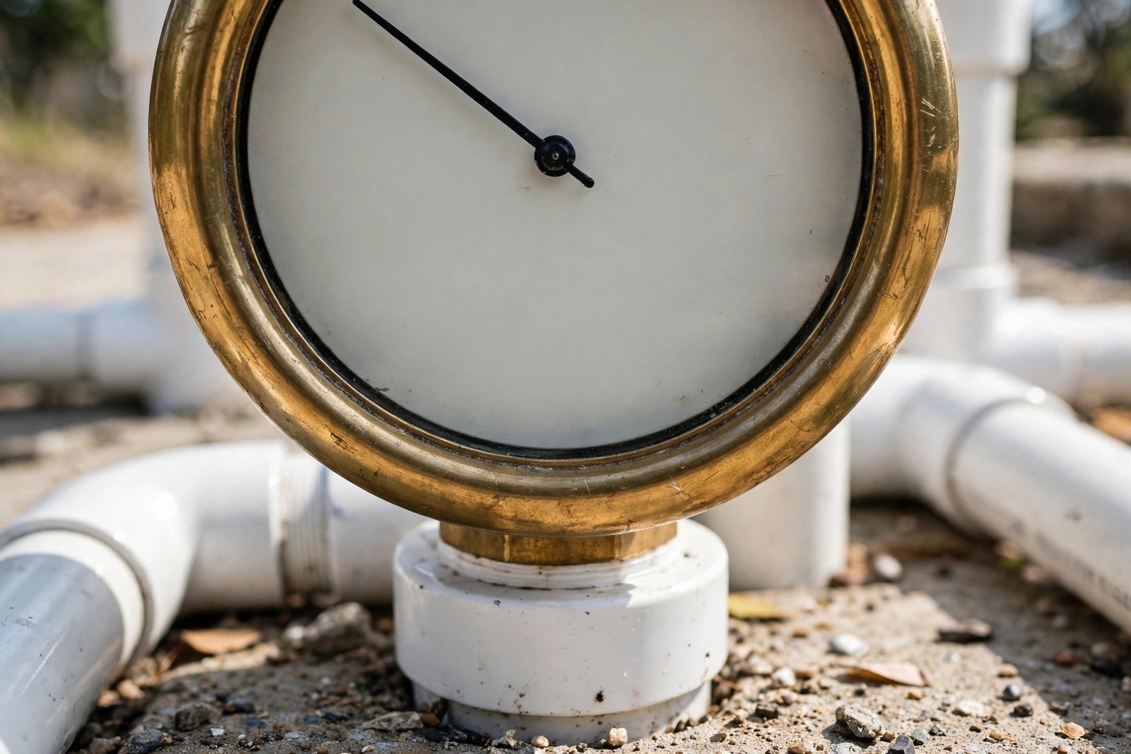 Brass pressure gauge fitted to pool plumbing in Cathedral City