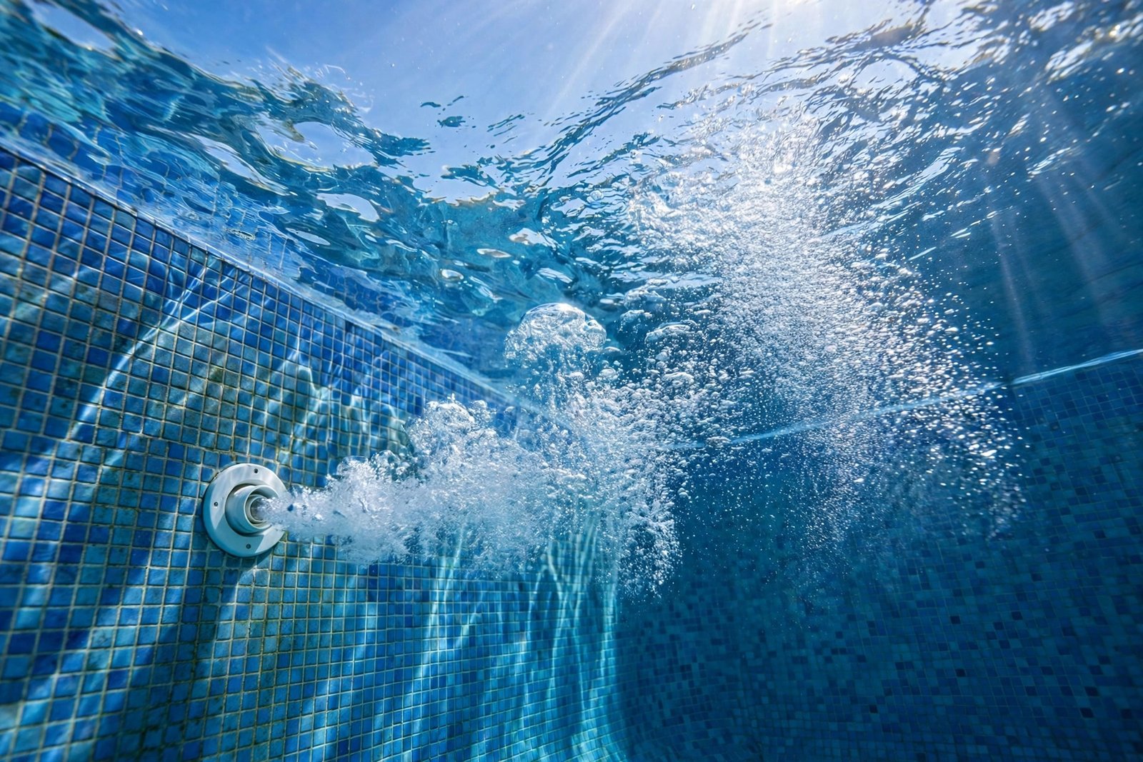 Air bubbles streaming from a pool return jet in Cathedral Canyon
