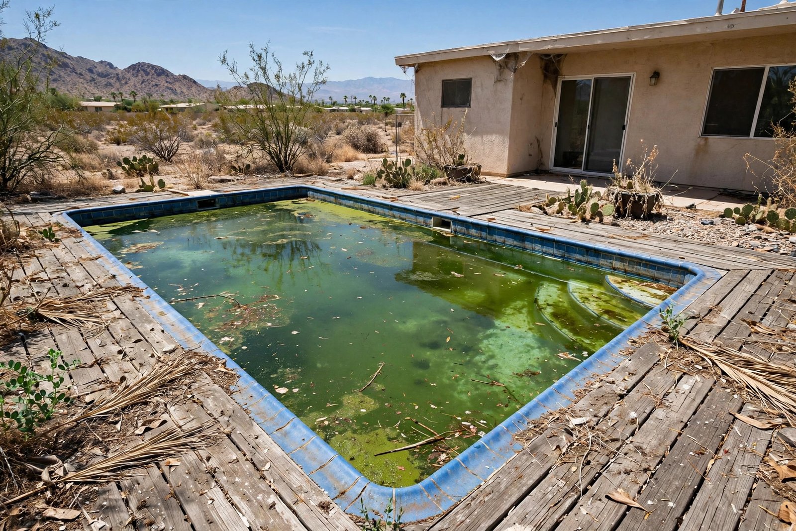 Cloudy green pool before an inspection in Cathedral City