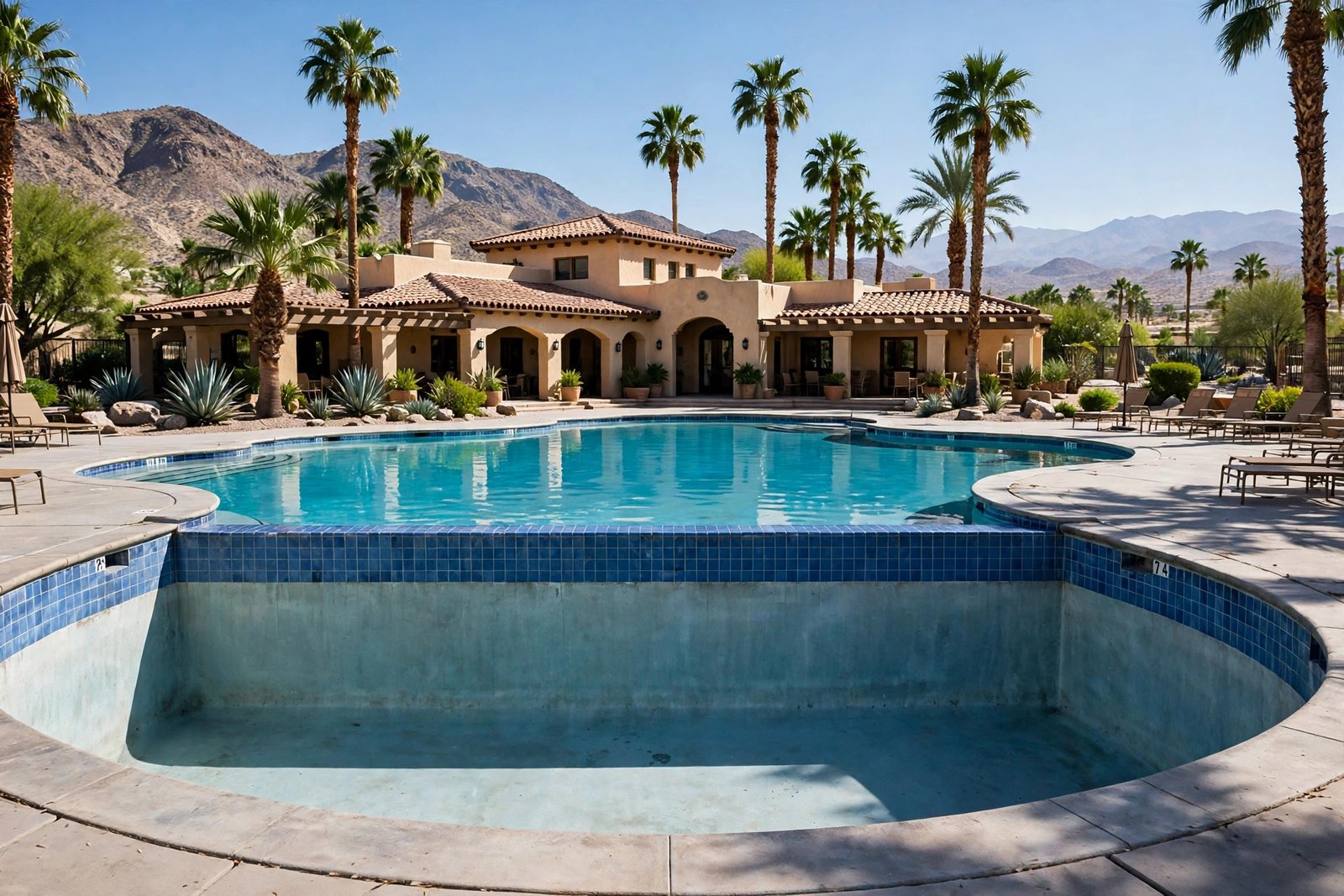 Large club pool with a low water line in Date Palm Country Club
