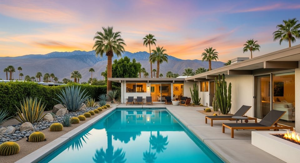 Mid-century home pool with palms and mountains at sunset in Cathedral City