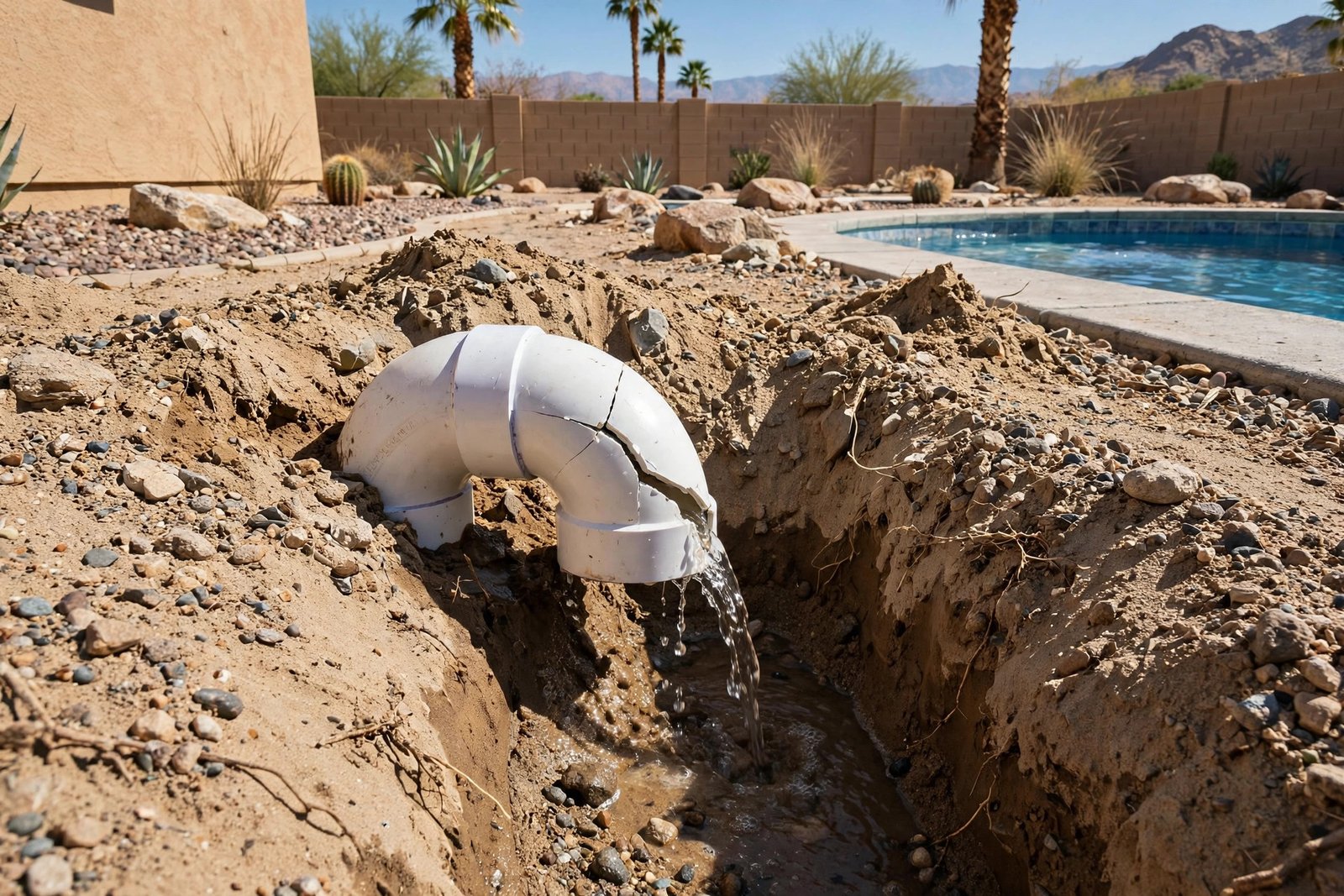 Cracked elbow joint in a trench before repair in Cathedral City