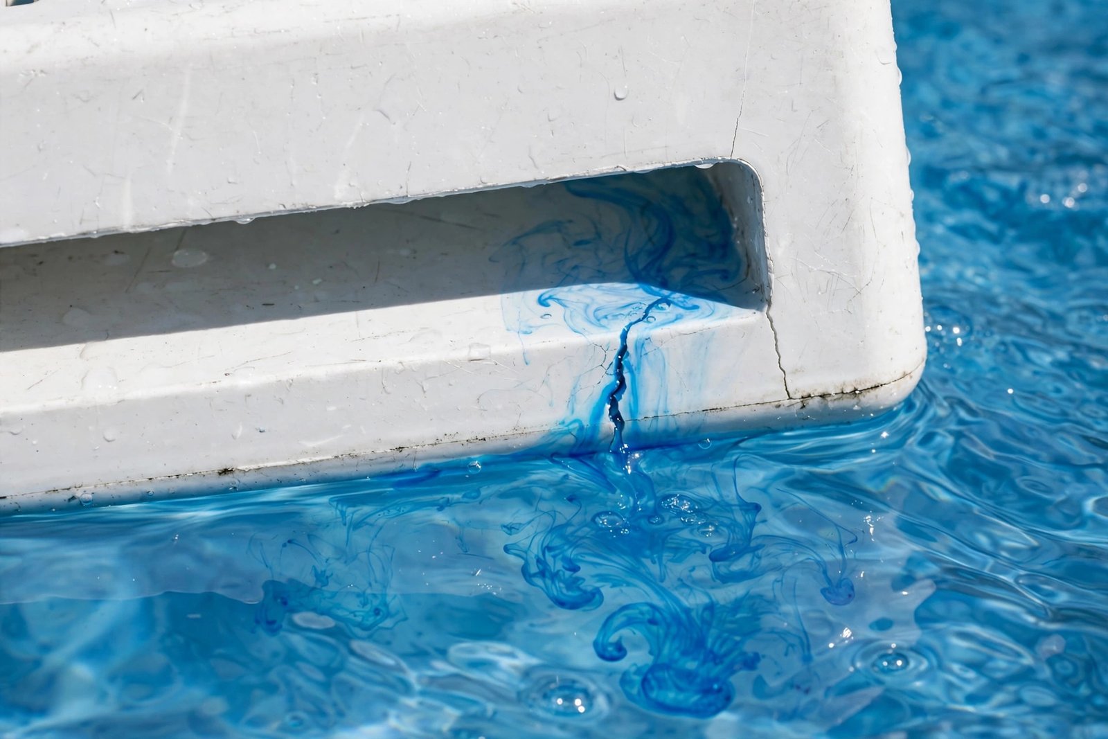 Cracked skimmer mouth with dye pulling in before repair in Cathedral City