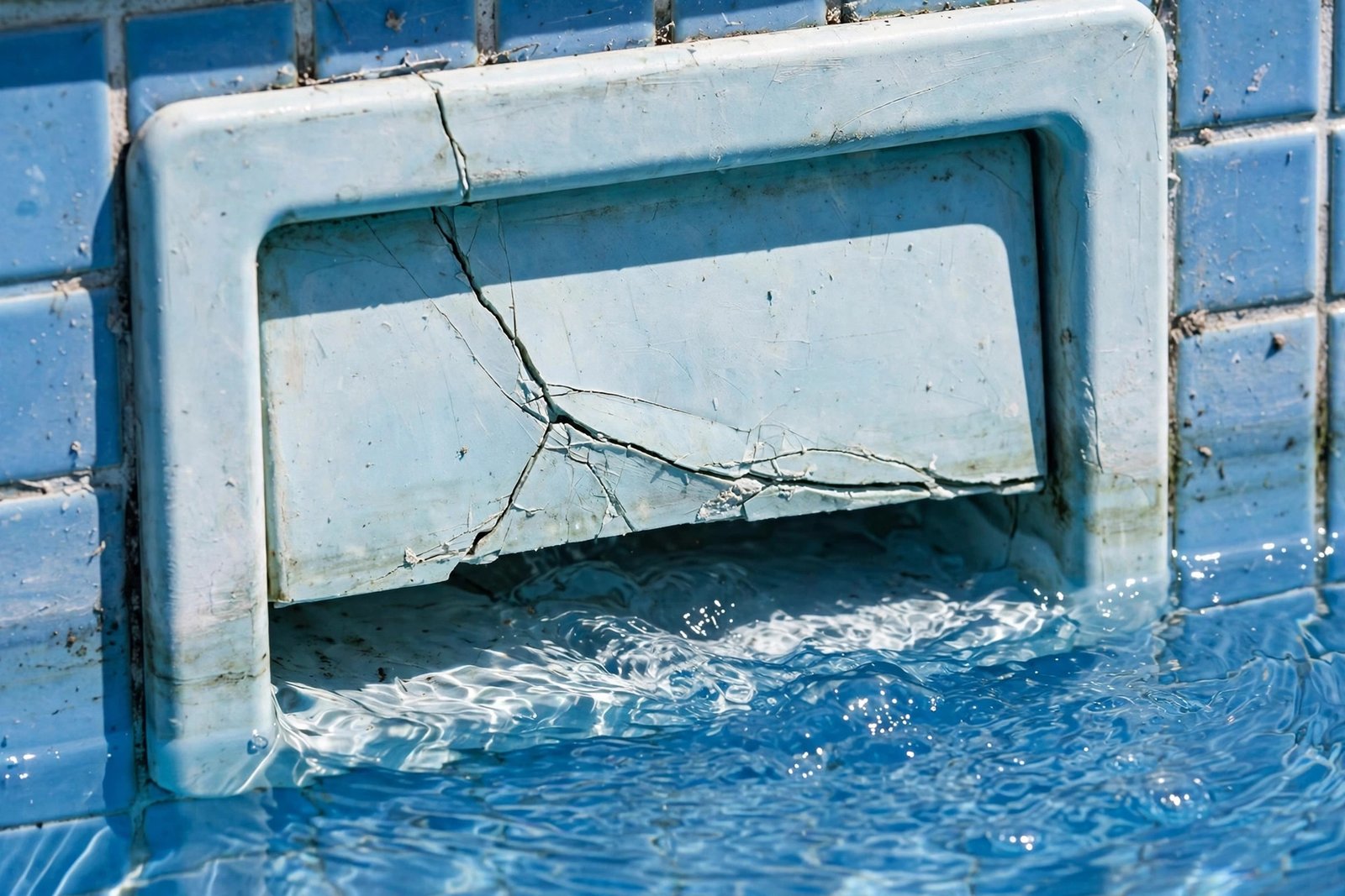Cracked skimmer mouth at the water line in Century Park