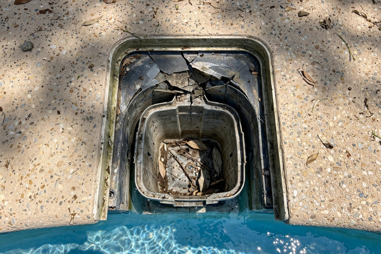 Cracked skimmer throat before repair in Cathedral City
