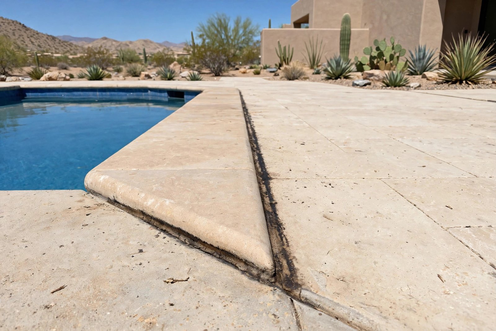 Dark stain along a pool deck edge joint in Rio del Sol