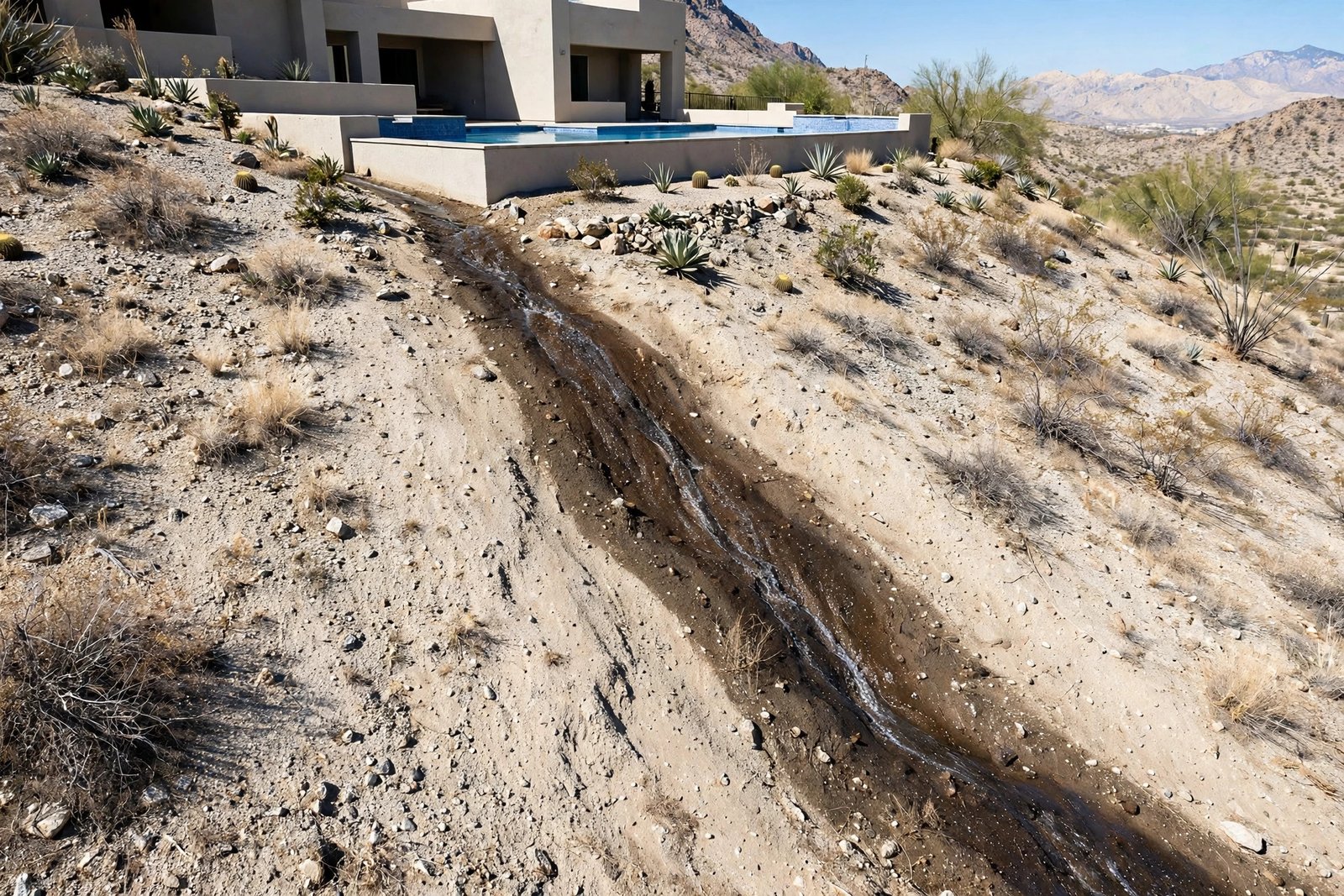 Wet line running downhill below a hillside pool in Panorama Area