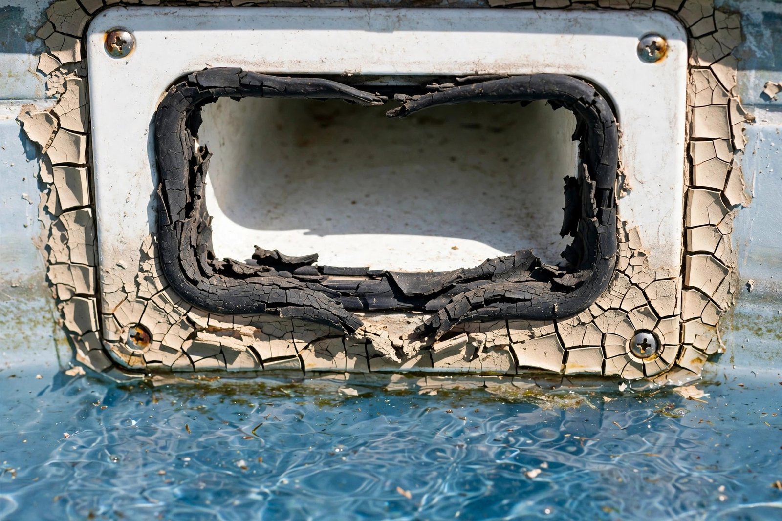 Dried, cracked seal around a pool skimmer in Cathedral City