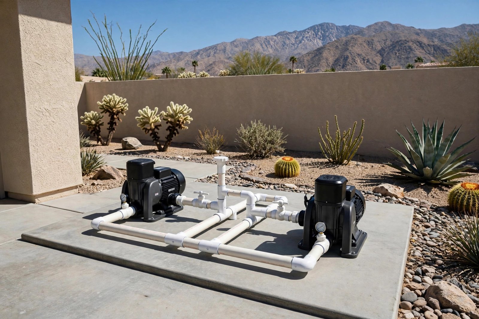 Dry pool equipment pad after repair in Cathedral City