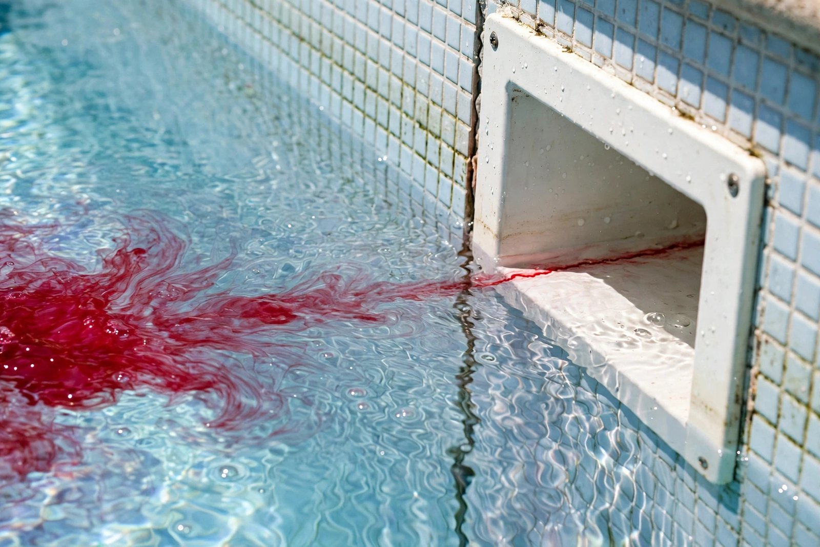 Dye streaming into a skimmer seam before repair in Cathedral City