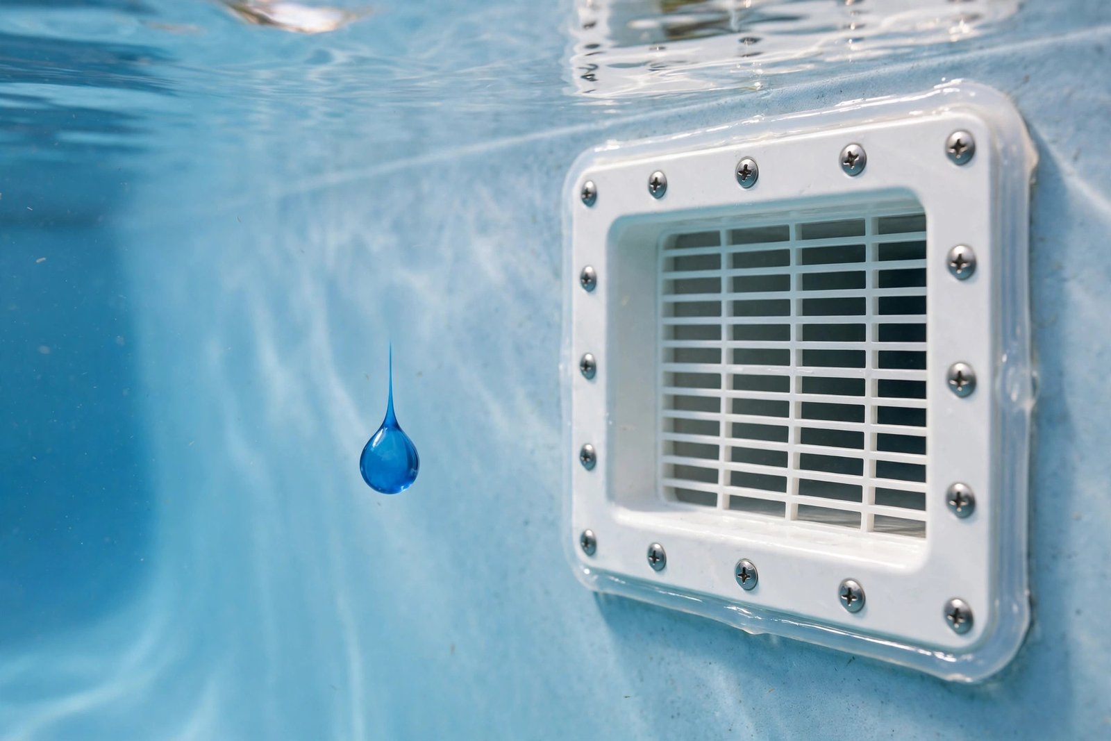 Dye hanging still beside a sealed skimmer plate in Cathedral City
