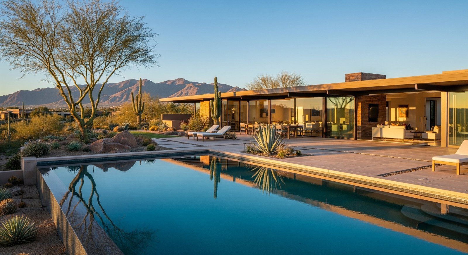 Modern desert home pool at golden hour in Cathedral City