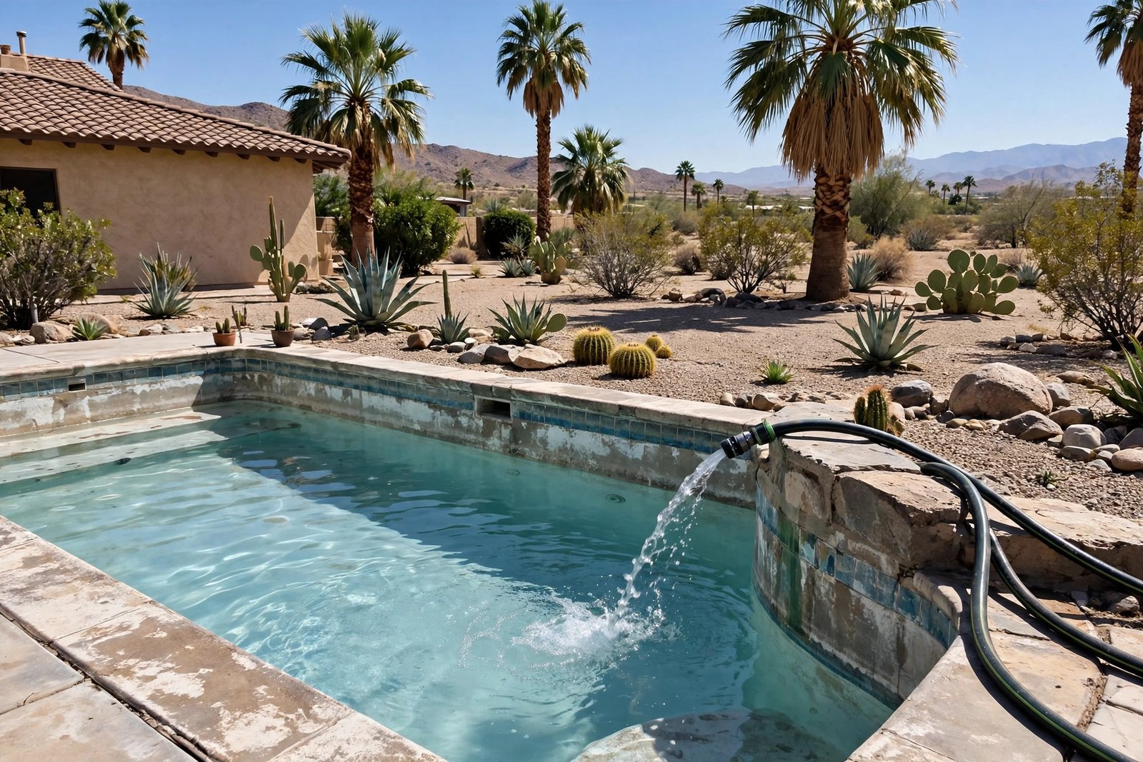 Garden hose filling an older Cove pool in Cathedral City