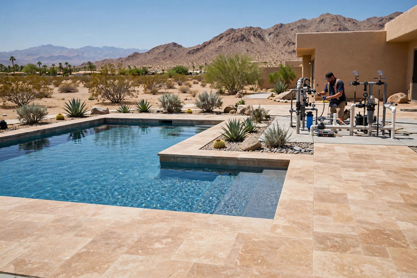 Intact pool deck during a pressure test in Cathedral City, no digging