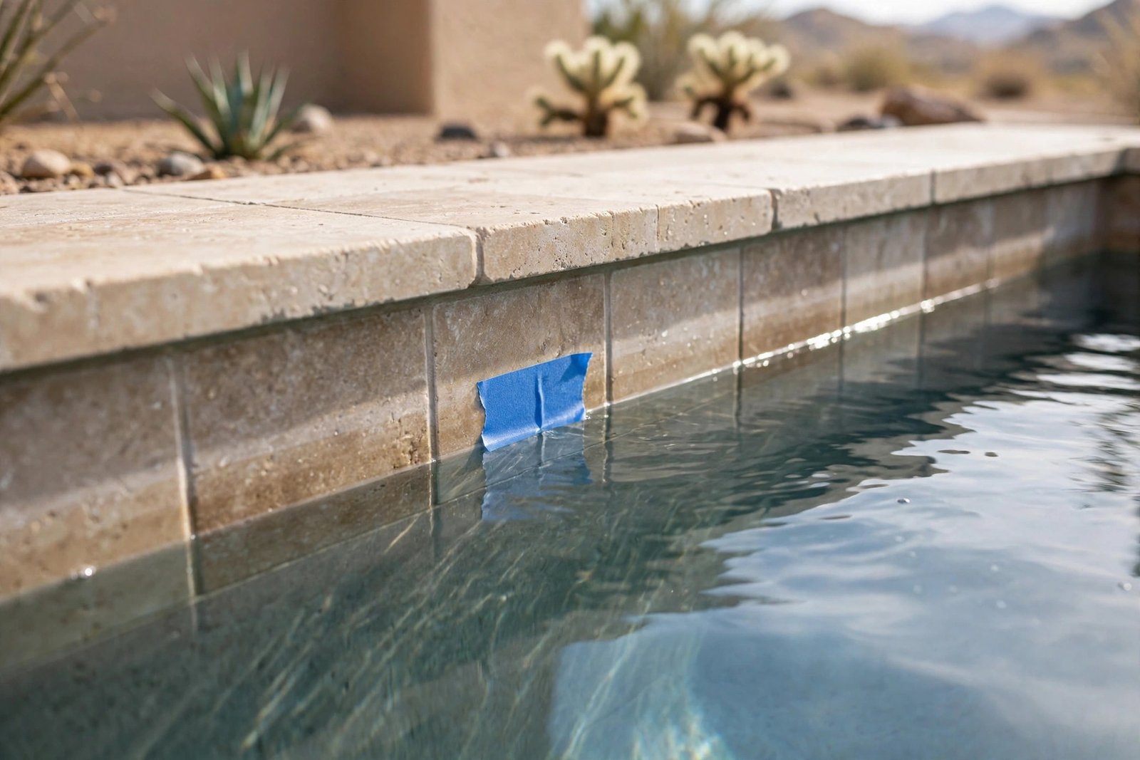 Marked water line on spa tile during a spa leak test in Cathedral City