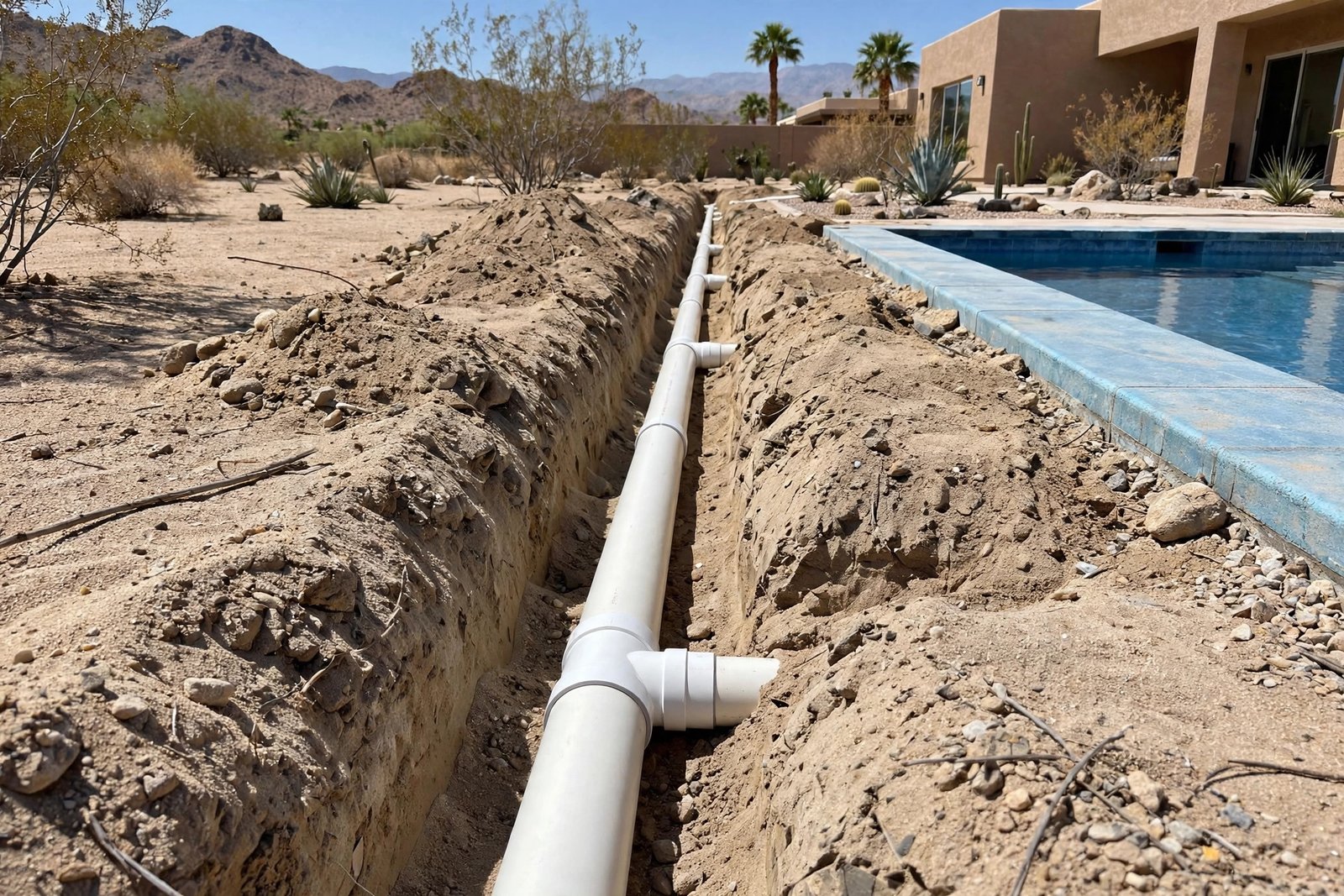 New pipe run in a trench after repair in Cathedral City