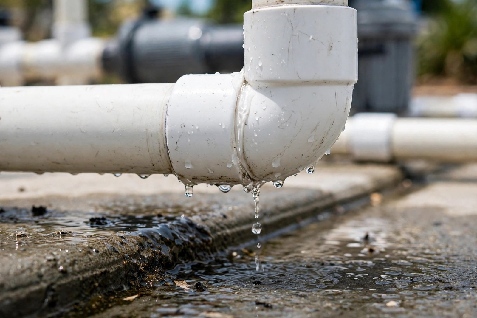 Leaking fitting at a Campanile pool equipment pad in Cathedral City