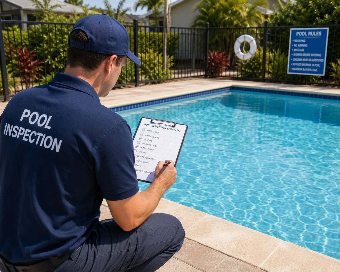 Pool inspector with a checklist beside a pool in Cathedral City