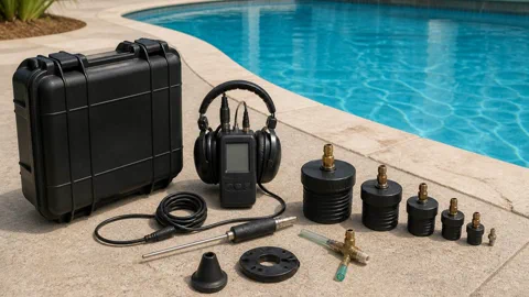 Pool leak detection tools laid out by a pool in Cathedral City