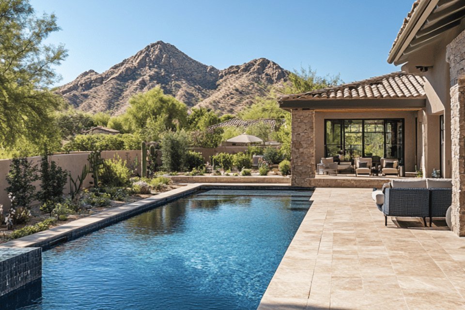 Desert home pool and patio with mountains behind in Cathedral City