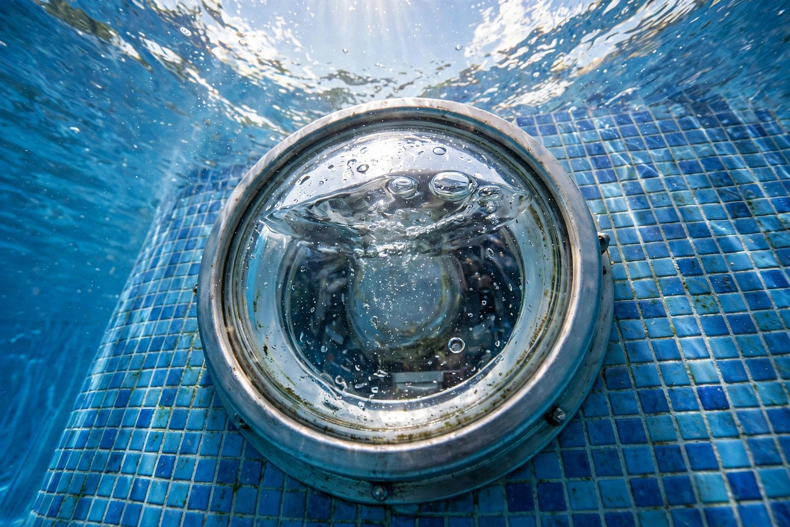 Pool light with water inside its lens in Rio del Sol