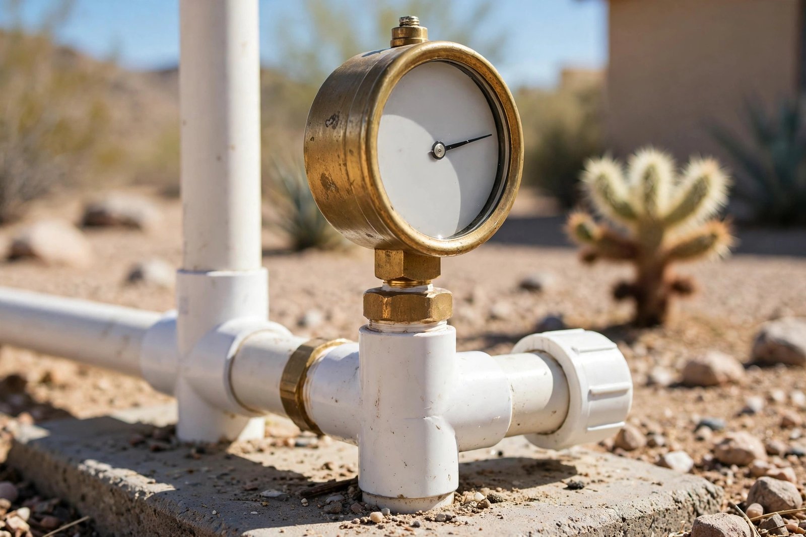 Pressure gauge on a plugged pool line during an underground leak test in Cathedral City