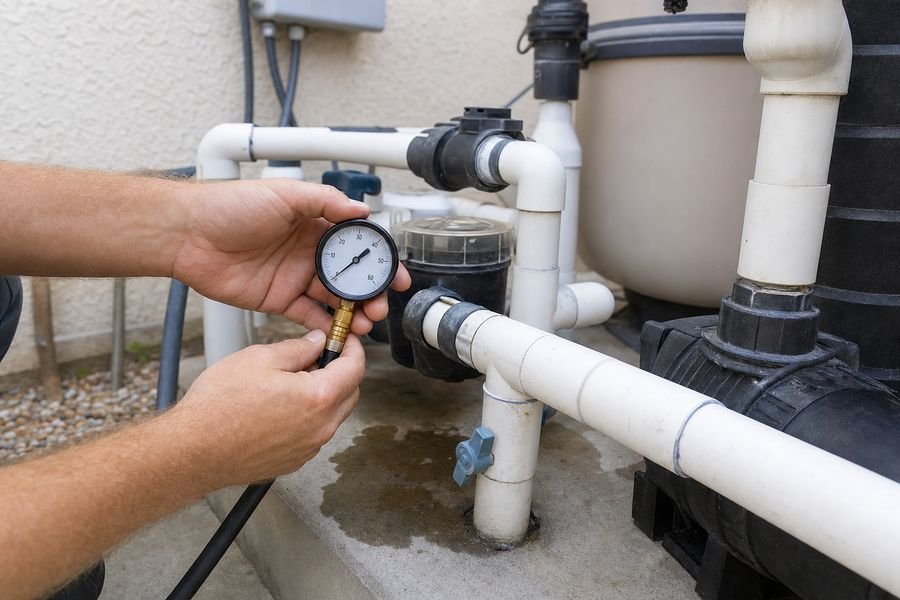 Hands holding a pressure gauge at a pool pump pad in Cathedral City