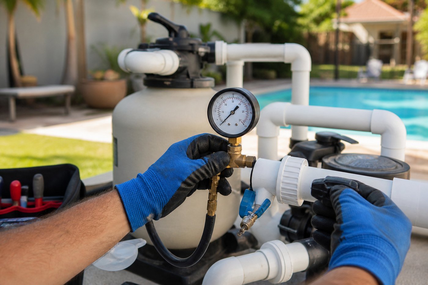 Pressure gauge on pool pipes during pool plumbing pressure testing in Cathedral City