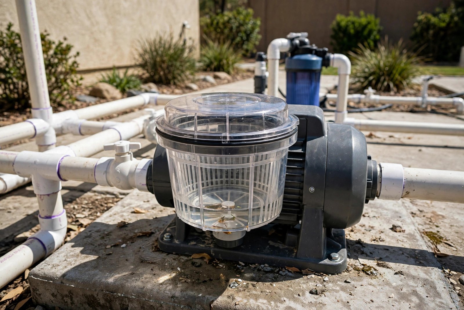 Pool pump basket full of air at a Century Park home