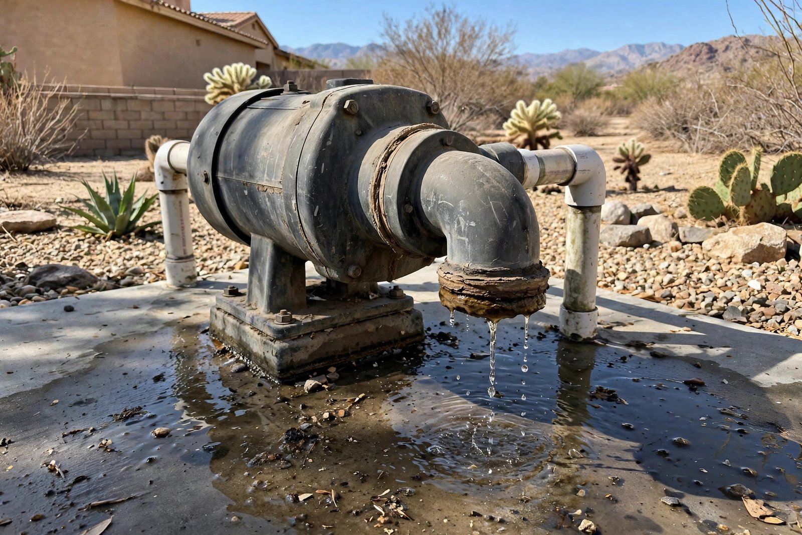 Pool pump dripping from a worn seal before repair in Cathedral City