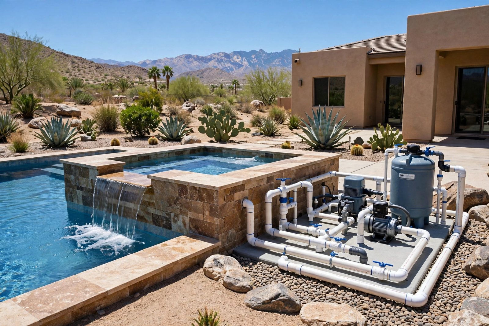 Raised spa and shared pool pipes at a Cathedral City home