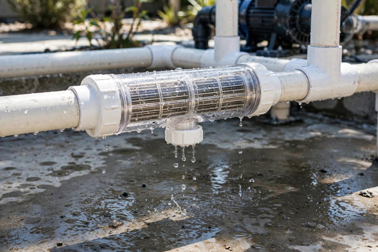 Salt cell dripping at its union on a pool equipment pad in Rio del Sol
