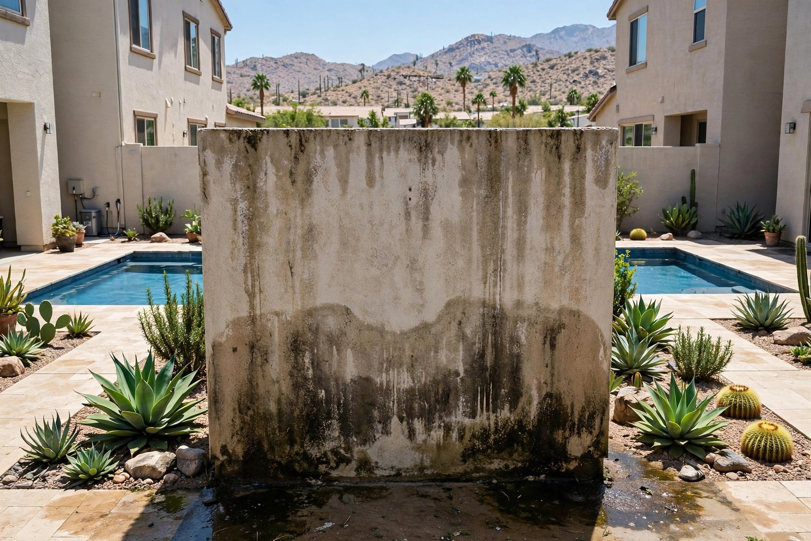 Damp shared wall between two townhome pools in Campanile