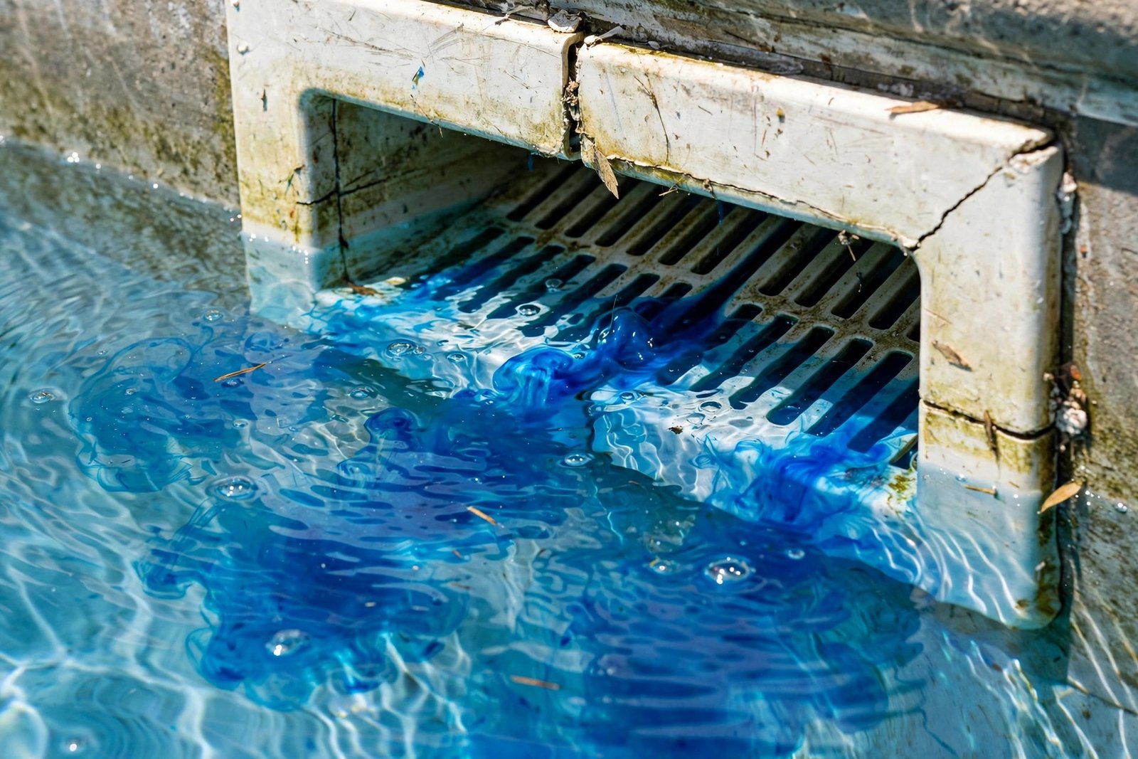 Dye pulling into a skimmer seam at a Cove pool in Cathedral City