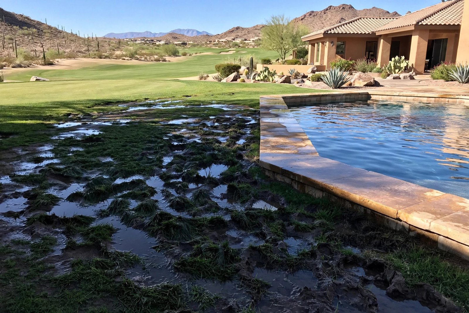 Soft wet lawn patch beside a fairway pool in Cathedral Canyon