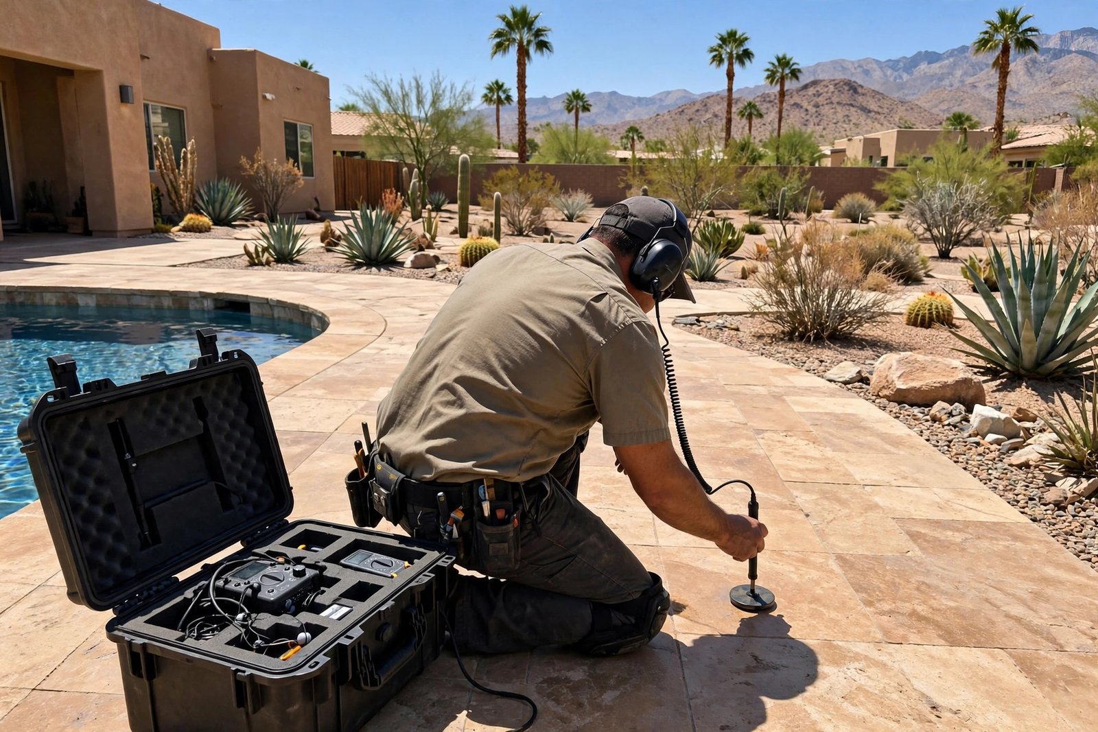 Tech listening for an underground pool leak with sound gear in Cathedral City