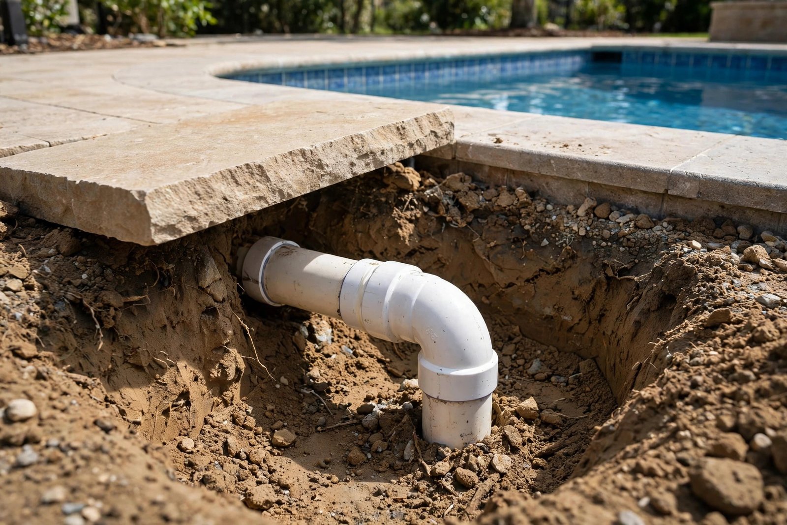 Pipe joint found under a lifted deck stone at a Cove pool in Cathedral City