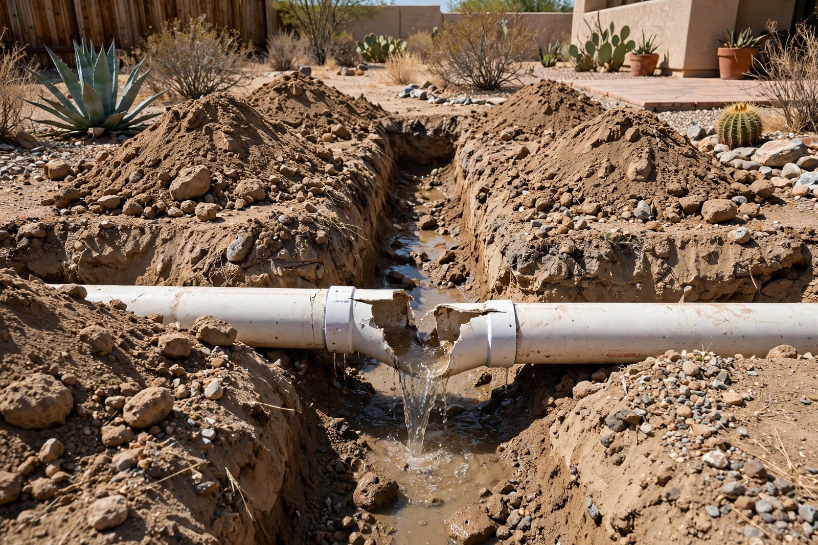 Split underground pool pipe in an open trench before repair in Cathedral City