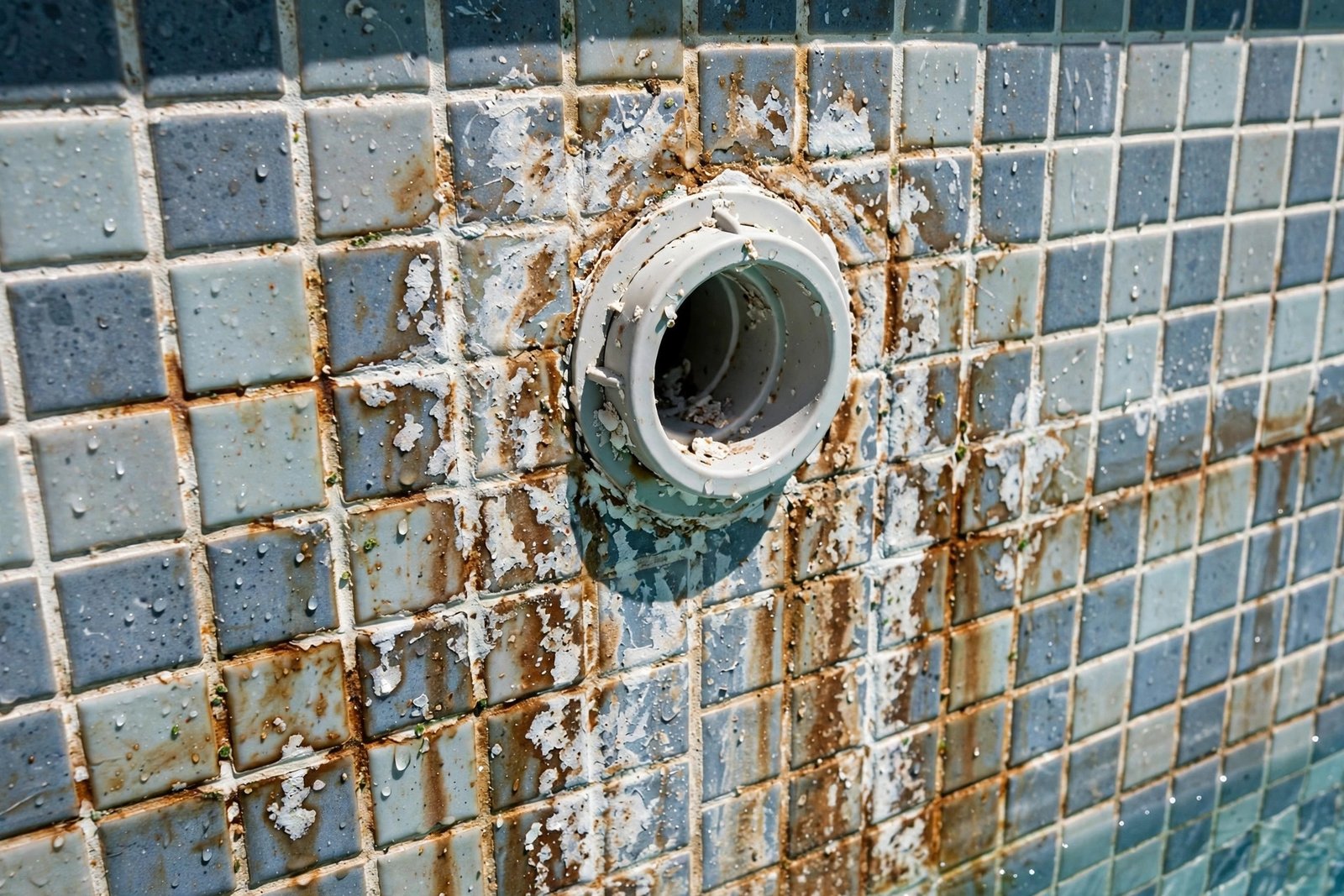 Mineral stains around a pool return fitting in Date Palm Country Club