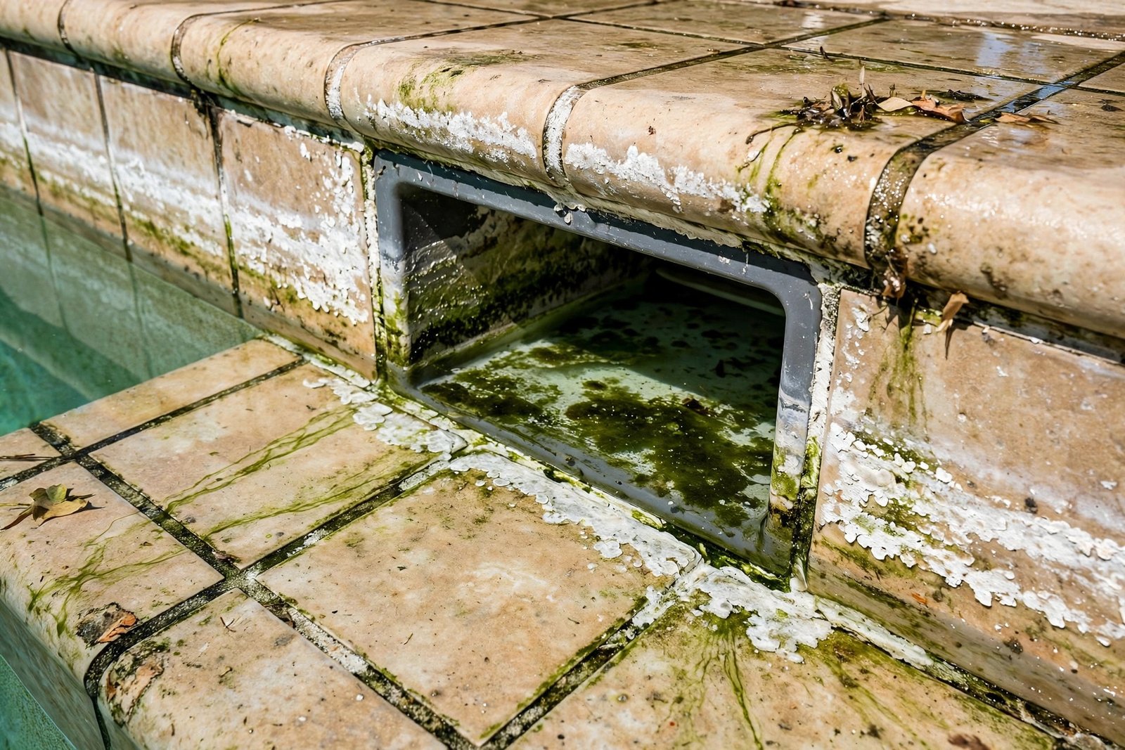 Stained tile around a skimmer mouth before repair in Cathedral City