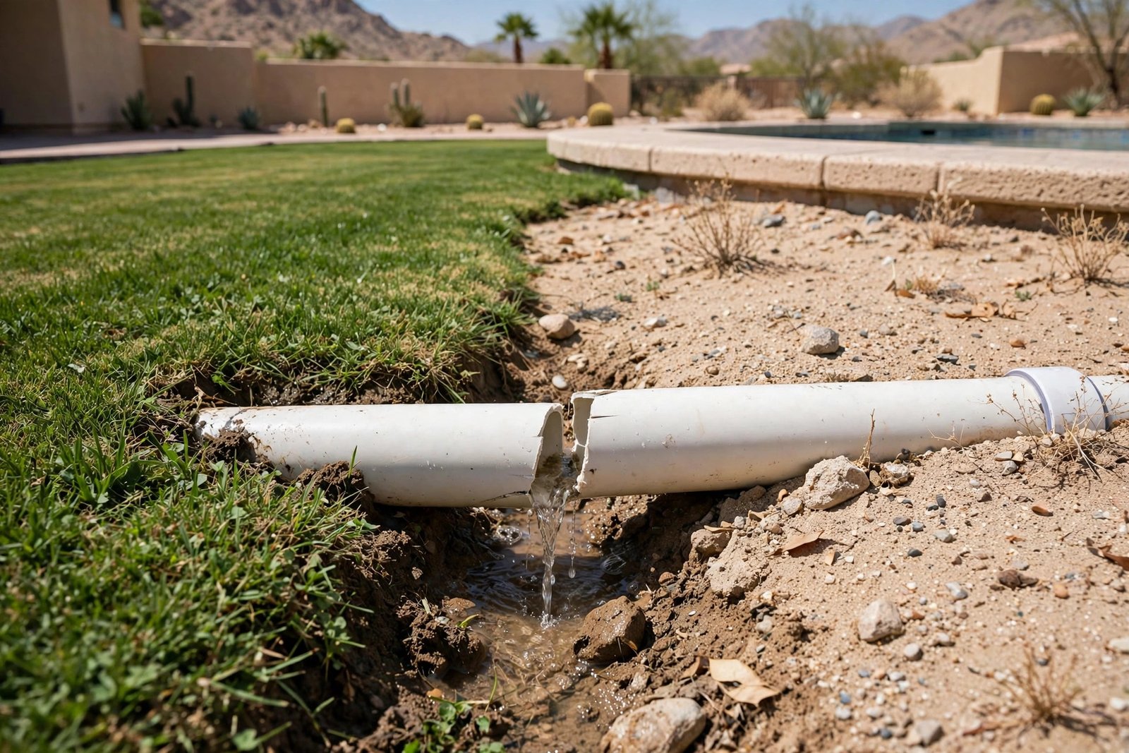 Split suction line found at the lawn edge of a Panorama pool in Cathedral City