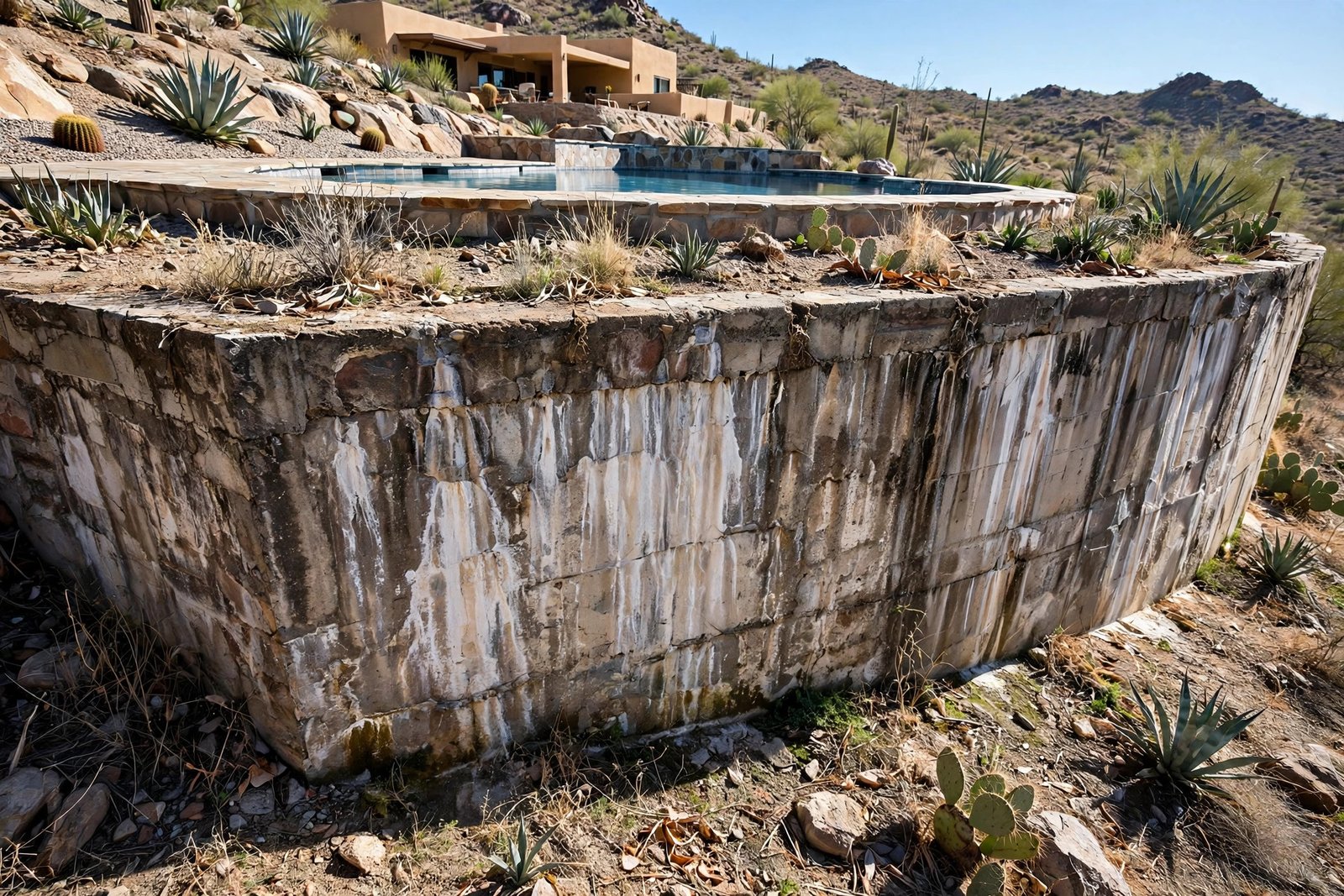 Stained terrace wall edge below a hillside pool in Panorama Area