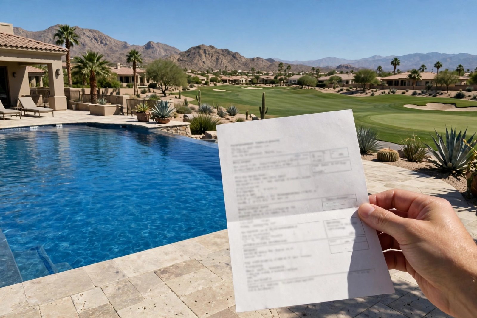 Homeowner holding a high water bill beside a club pool in Cathedral Canyon