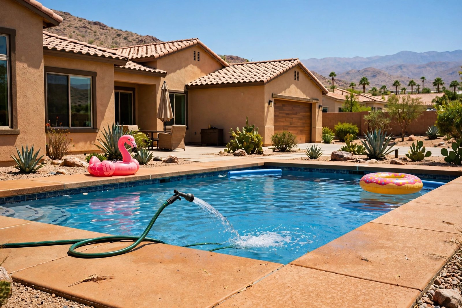 Garden hose topping up a family pool in Century Park