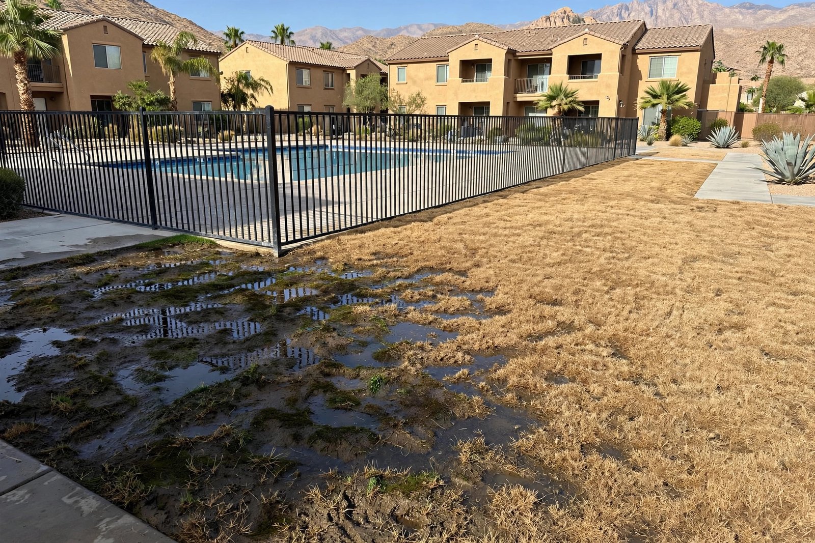 Wet common-area lawn beside a community pool in Campanile