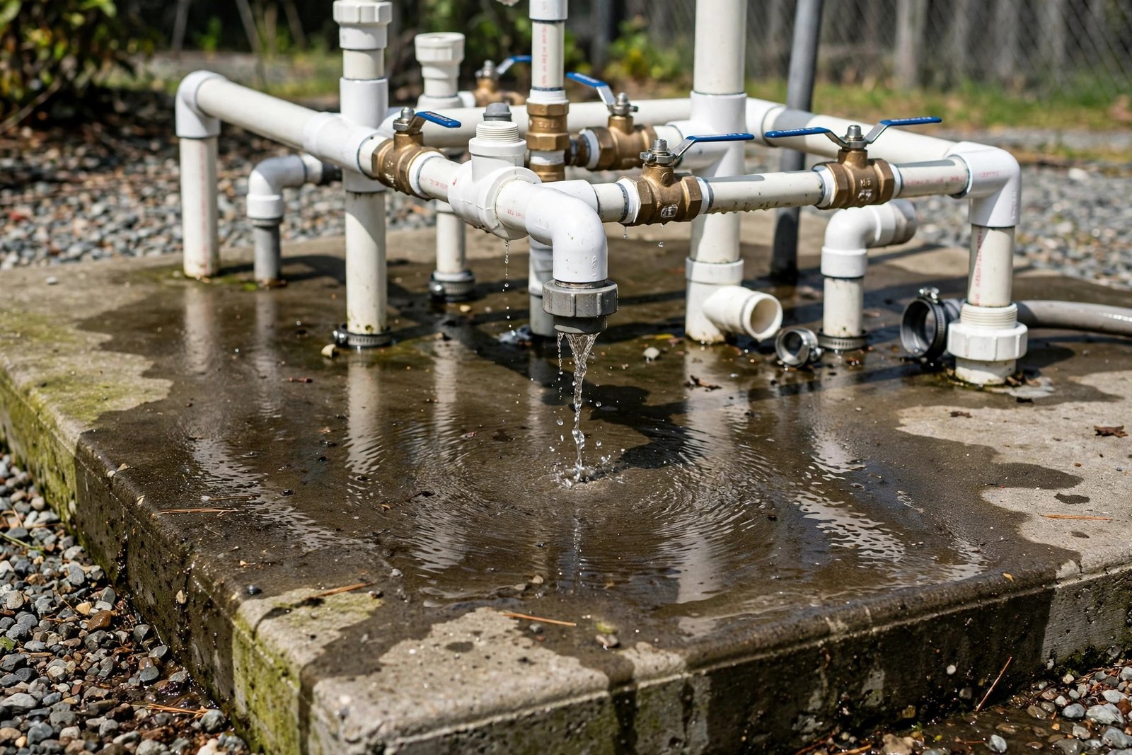 Wet concrete and a dripping union at a pool equipment pad in Century Park