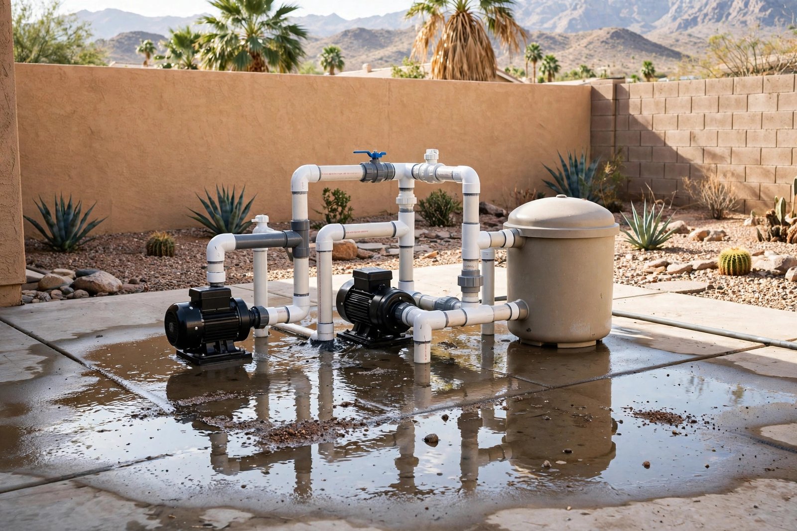 Wet pool equipment pad before repair in Cathedral City